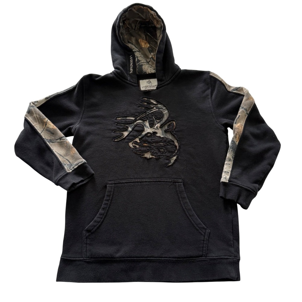 Legendary Whitetails Youth Hoodie Black Camo Deer Buck Pullover Size M 10-12